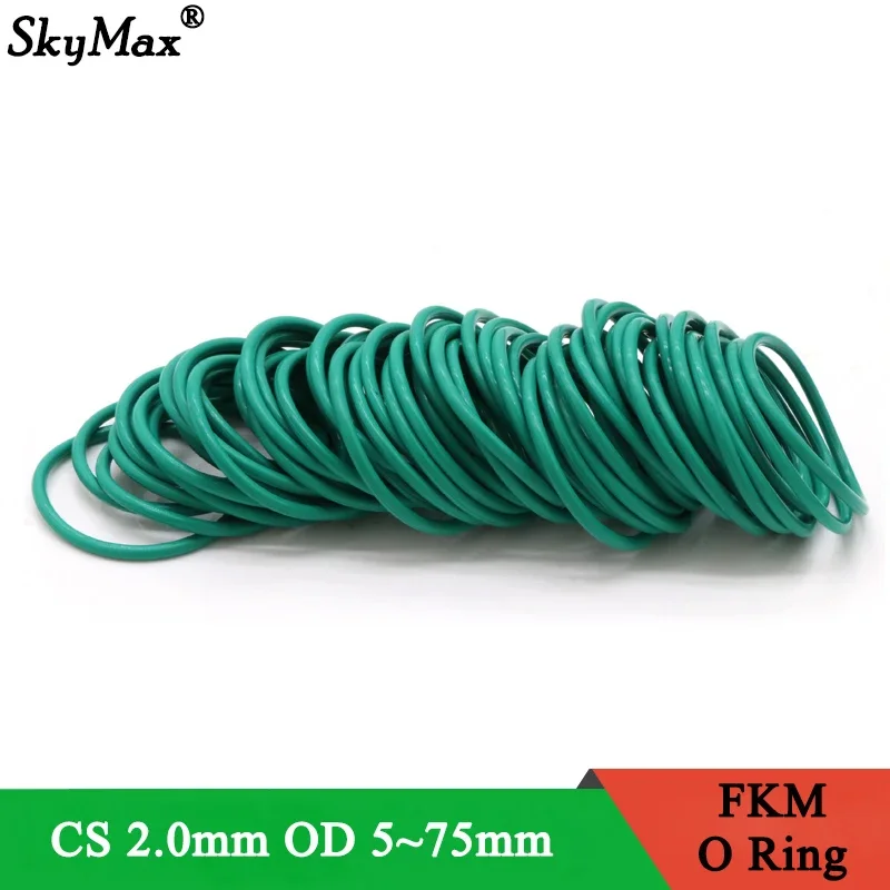 

10Pcs CS 2mm OD 5~75mm Green FKM Fluorine Rubber O Ring Sealing Gasket Insulation Oil High Temperature Resistance Green