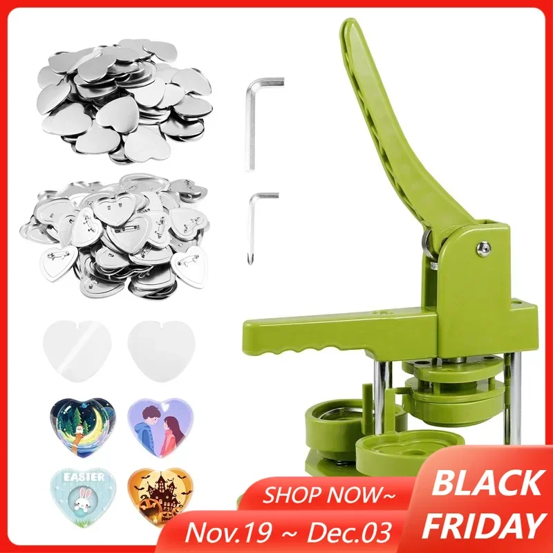 

Heart Shaped Button Maker Machine with 100sets Metal Blank Making Parts for DIY Making Badge Button Pins Art Handicrafts