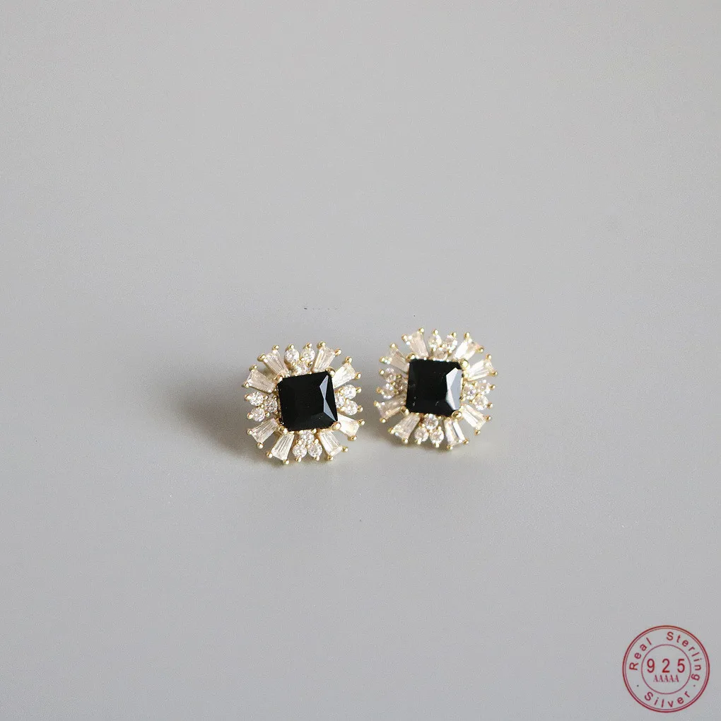 925 Sterling Silver Plated 14K Gold Black Zircon Earrings for Women French Vintage Temperament Versatile Jewelry