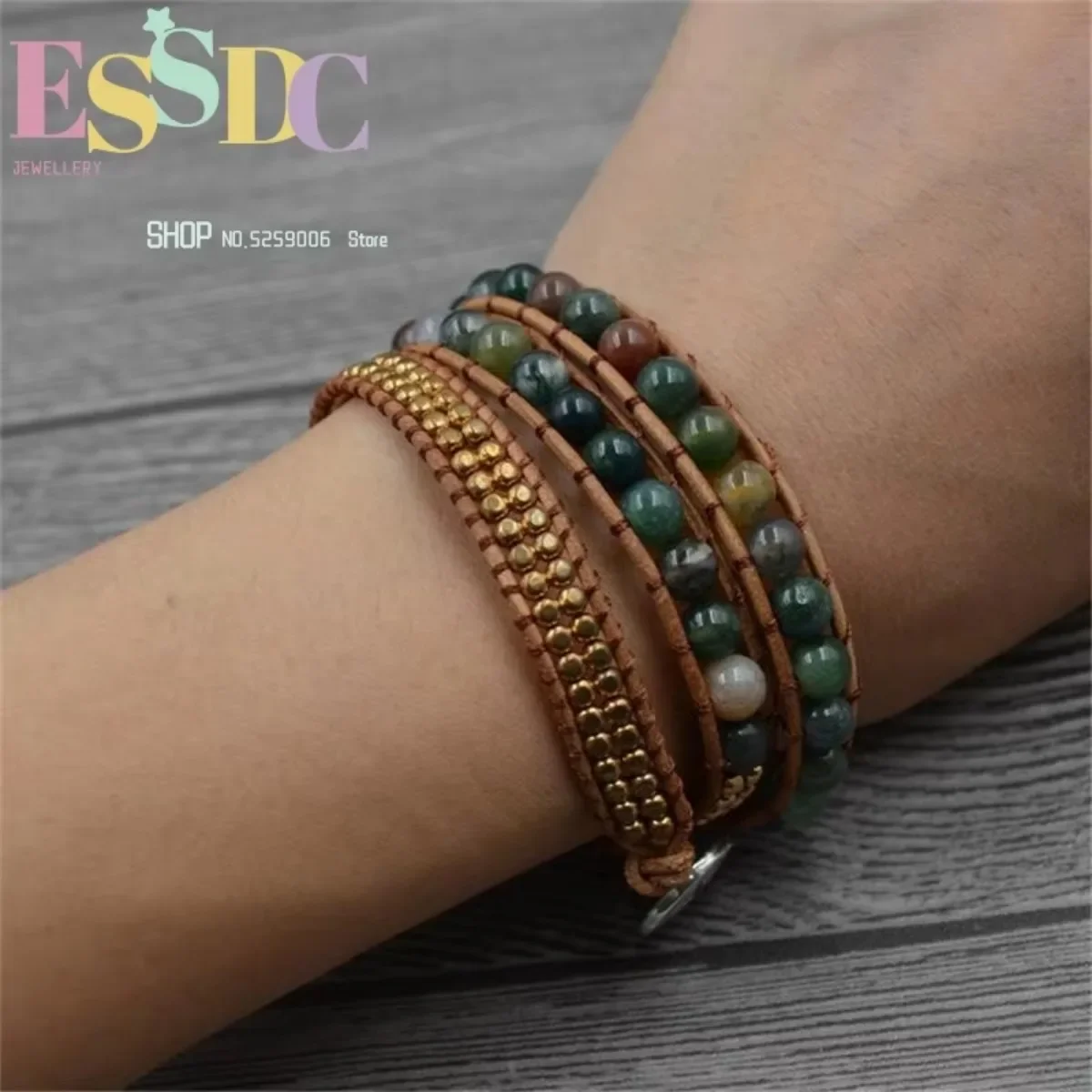 Fashion Women Multi-layer Indian Green Onyx Leather Copper Beads Wrap Bracelet Bohemia Yoga Life Tree Jewelry Dropship