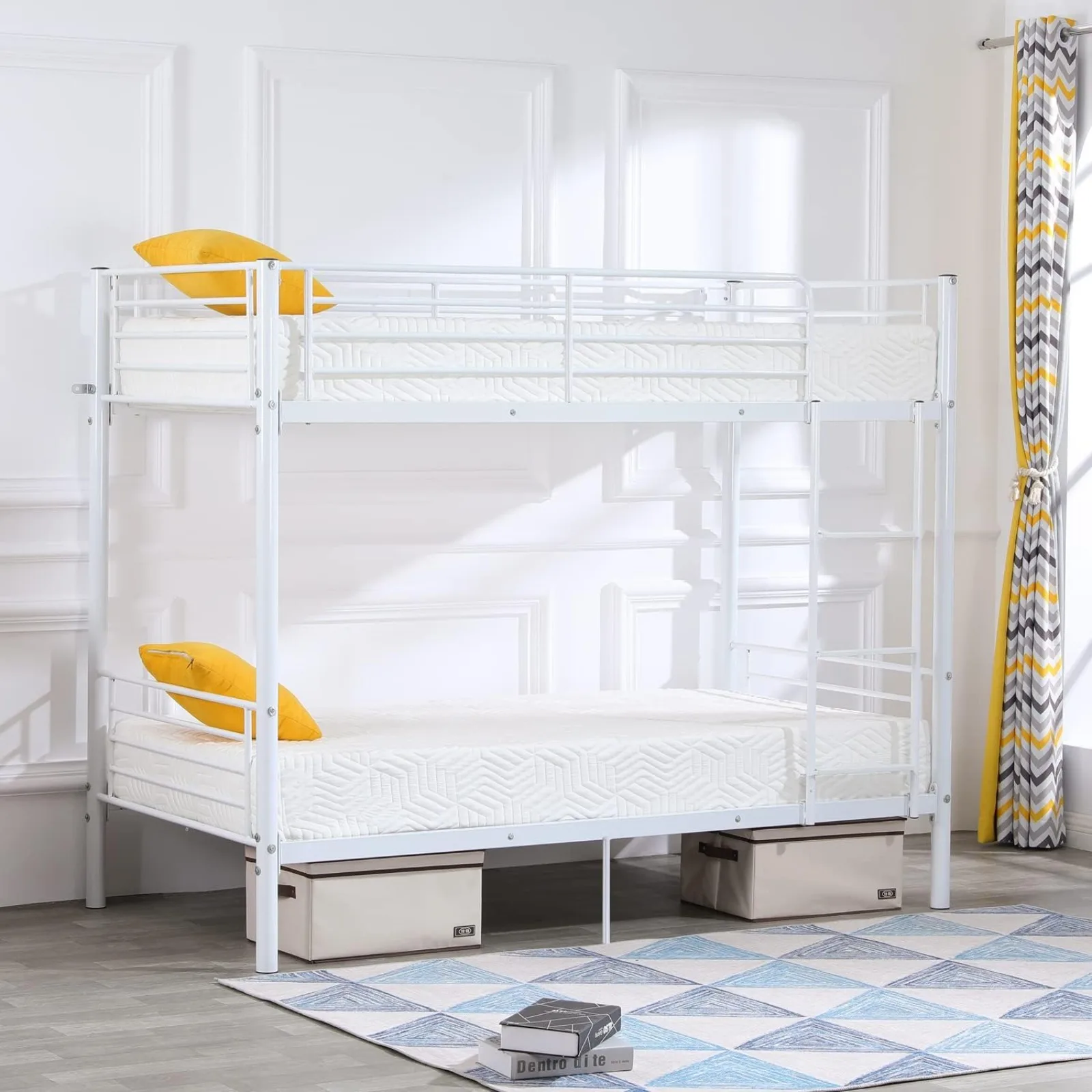 US Bunk Bed Twin Over Twin, Metal Bunk Beds White for Girls/Boys/Adults, Anti-Slip Flat Step, No Box Spring Needed