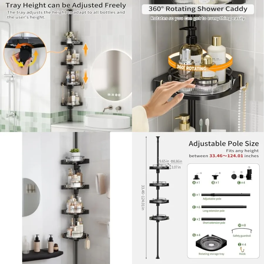 

360° Rotating Corner Shower Caddy Tension Pole Organizer - 4-Tier Adjustable Rustproof Metal Pole, Plastic Shelves with Safety