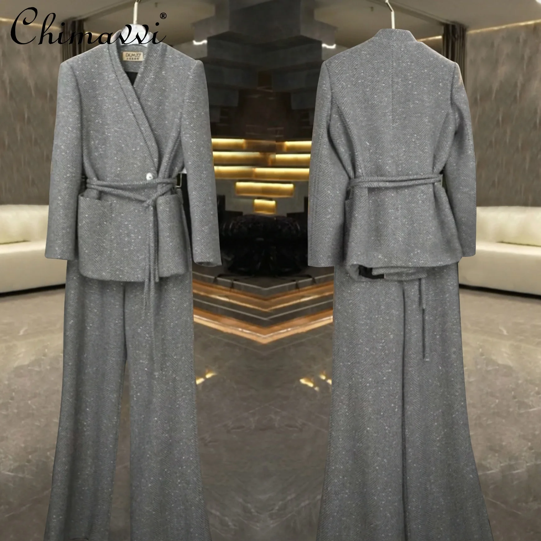 Commuter Two-Piece Suit Gray Long Sleeve Single Buckle Lace-up Top Loose Straight Trousers Pants Outfits for Women 2 Piece Sets