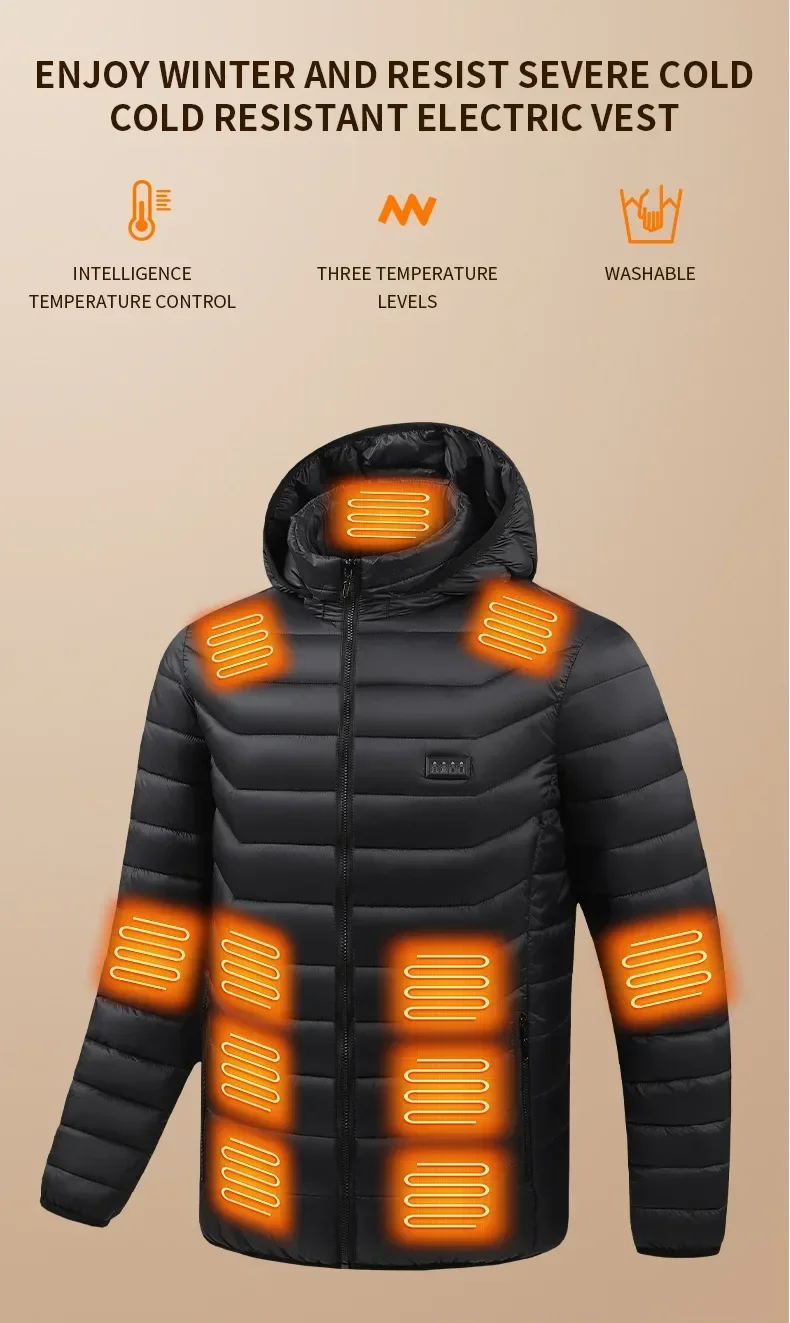 Winter Mens 25 Zone Heating Cotton Jacket Detachable Cap Electric Heating Intelligent Insulation Warm Coat