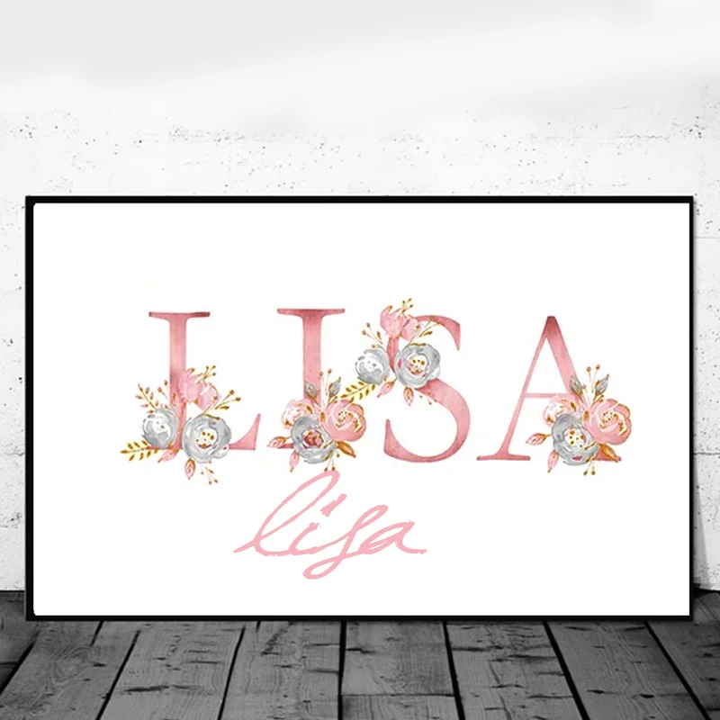 Custom Name Posters Pink Floral Letters Poster and Prints Girl Rabbit Canvas Art Painting Nursery Picture Kid Baby Room Decor