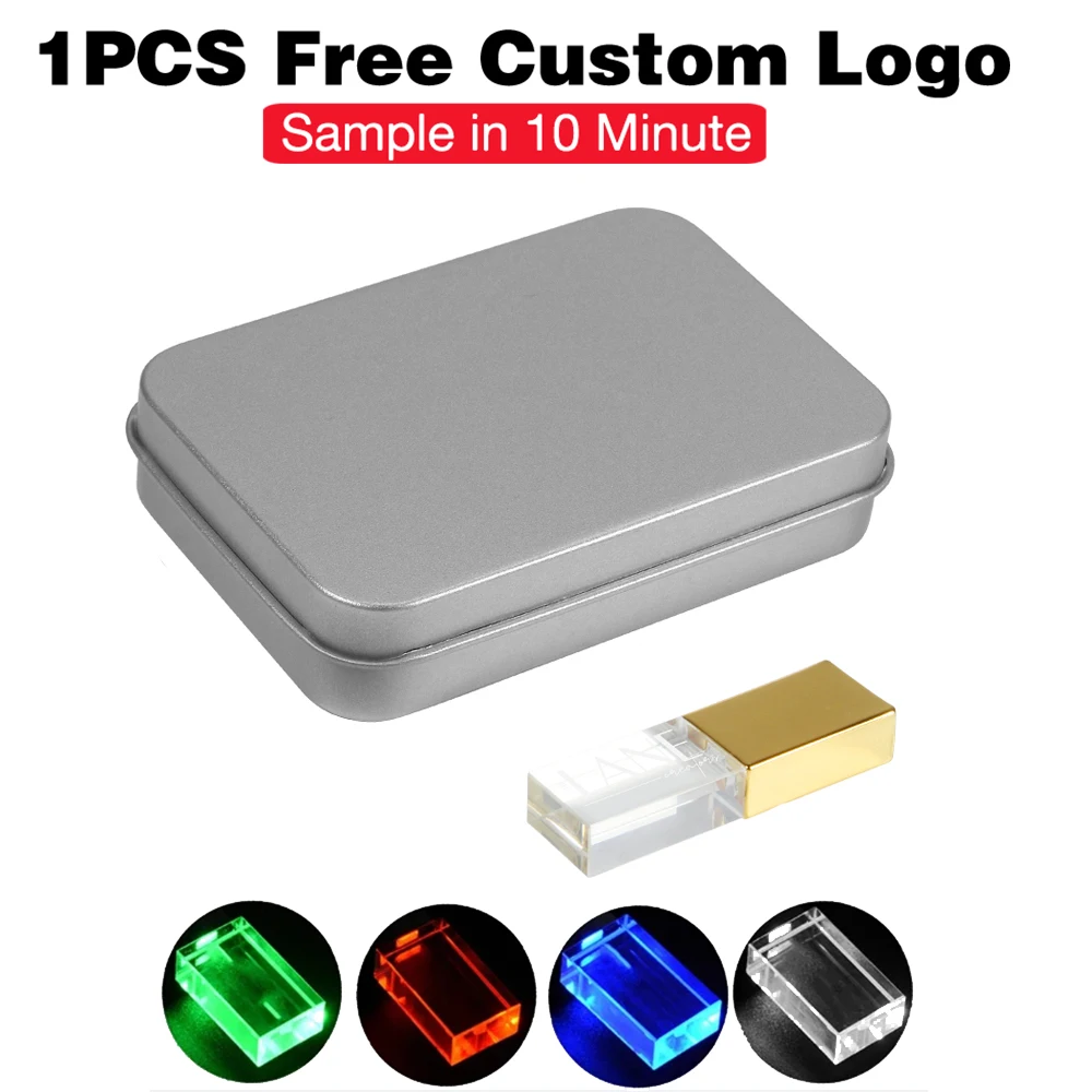 Free Custom Logo USB Flash Drive 128GB Crystal Pen Drive 64GB LED Memory Stick 32GB Wedding Gift USB Flash Memory 16GB U Disk 8G