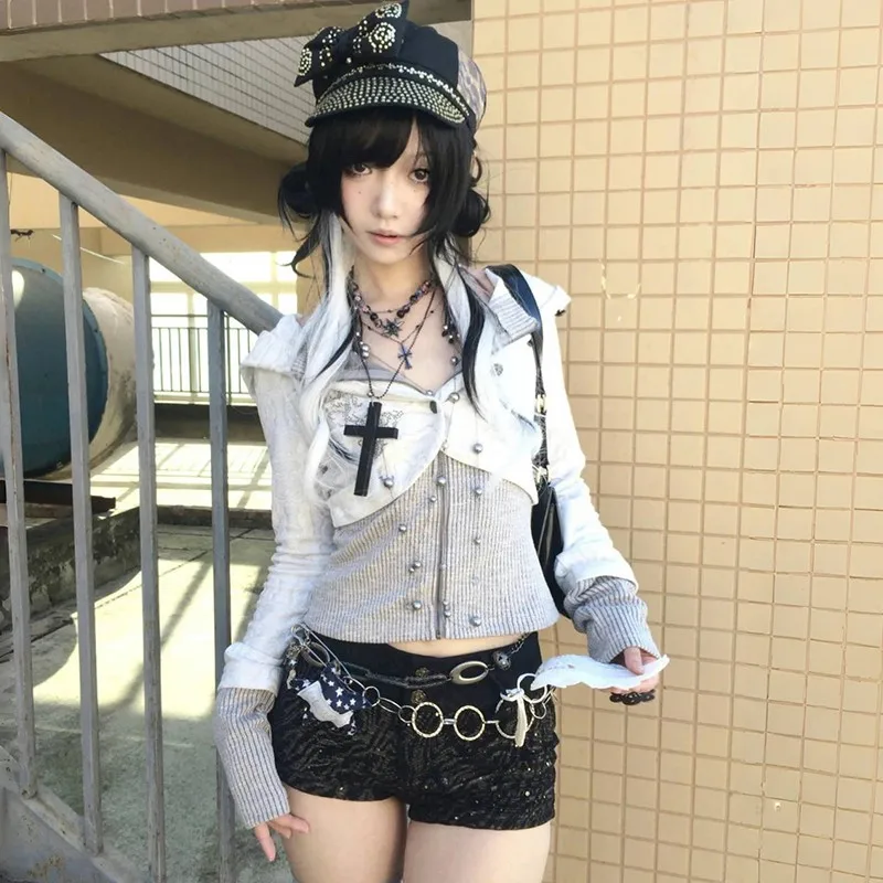 Karrram japanische y2k gefälschte zweiteilige Strick oberteile trashy 1920er Jahre Kapuzen jacke Vintage Harajuku Strickwaren Grunge Ästhetik