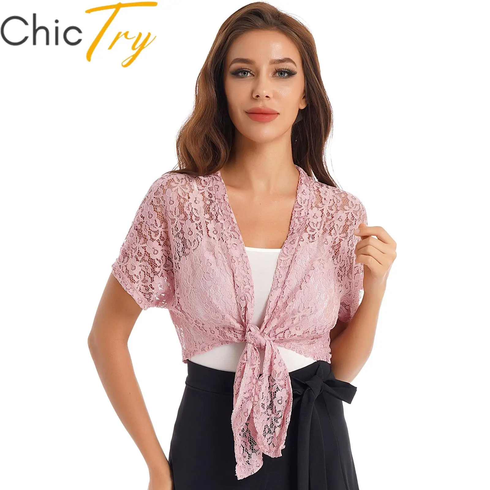 Womens Lace Cardigan Bolero Jacket Short Sleeve Lace-up Crop Top for Wedding Party Bridal Shrug Beachwear Swimwear Cover Ups