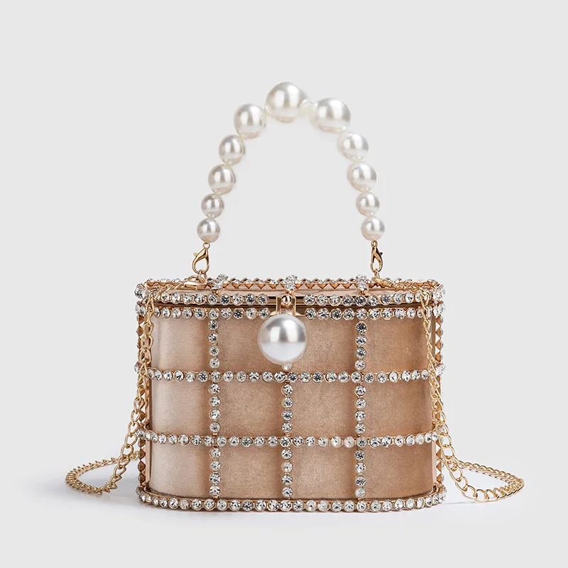 Luxury Diamond Metal Bucket Pearl Handle Women Party Clutch Purses and Handbags French design Ming Ai Wedding Chain Shoulder Bag