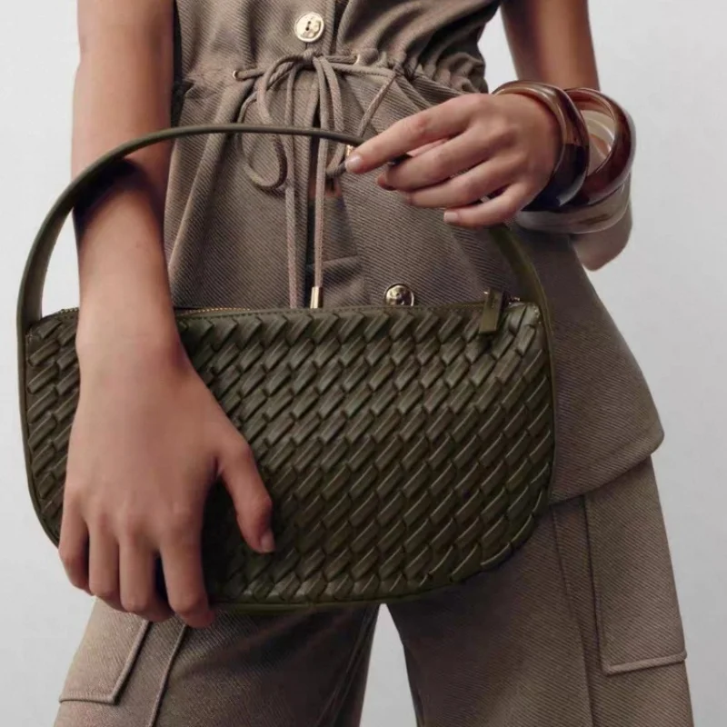 Olive Green Woven Effect Handbag for Women Solid Color Shoulder Adjustable Strap Daily Commuting Bag Stylish Female Shoulder Bag