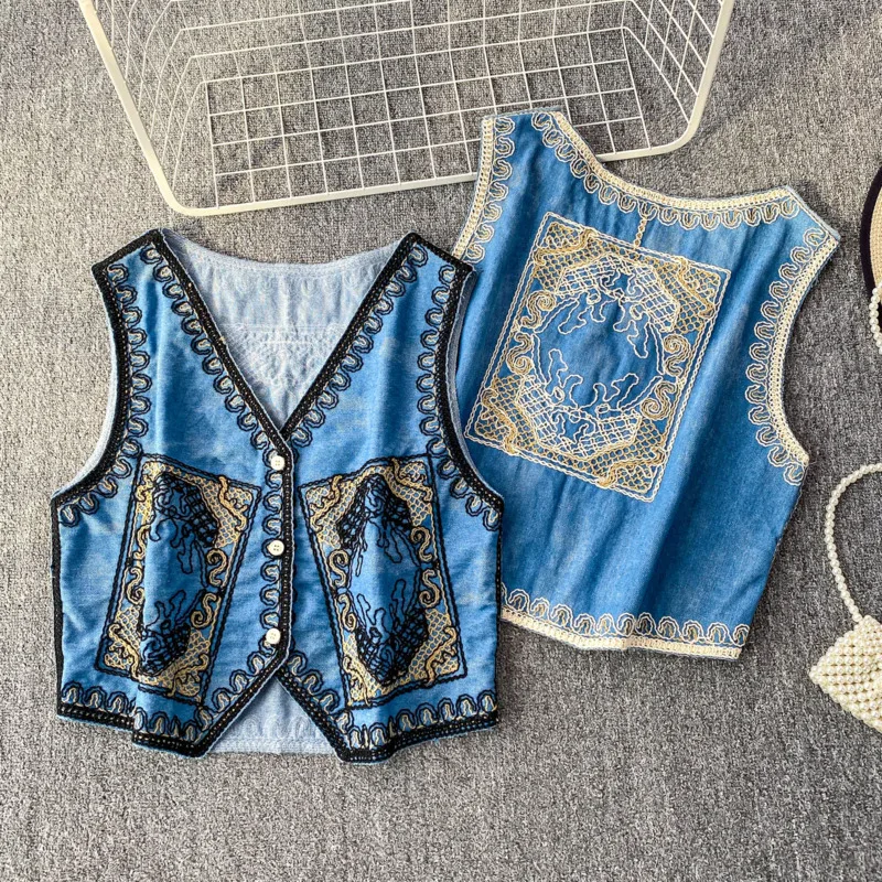 ANJY New Women Waistcoat Woven Embroidered V-Neck Single Breasted Contrast Color Elegant High Street Ins Short Denim Tops A10165