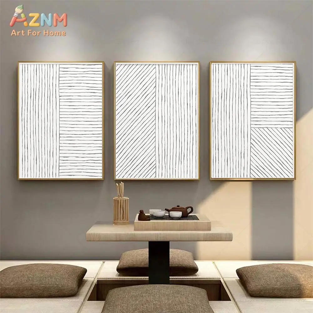AZNM Minimalist Black White Abstract Line Wall Art Canvas Print Unframed Modern Geometric Stripes Texture Painting For Living Ro