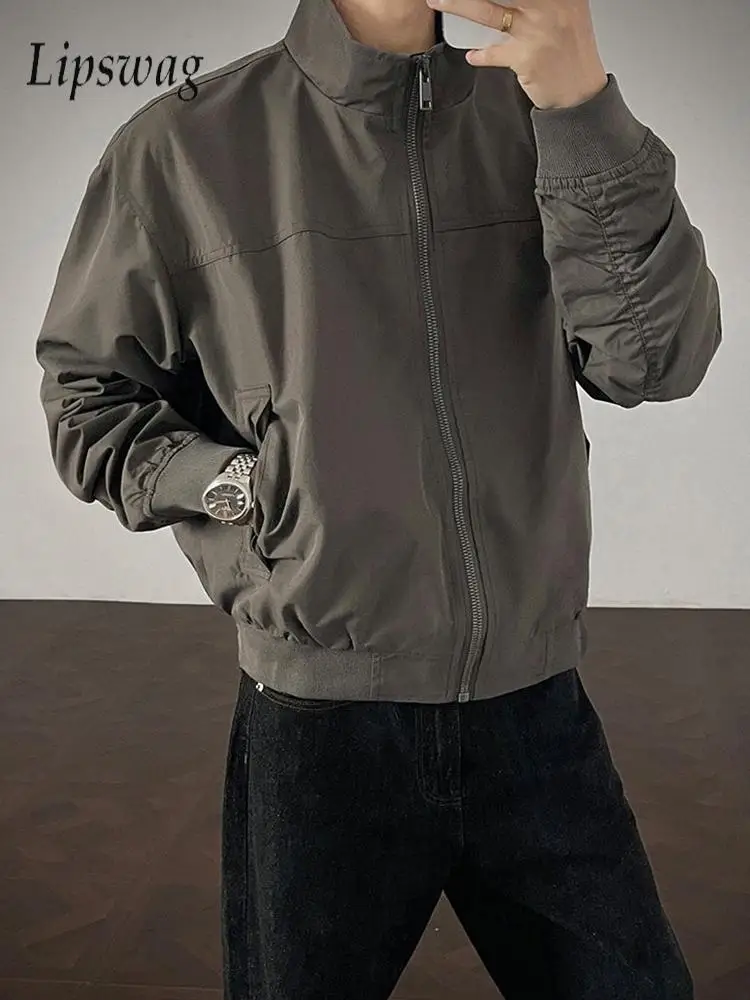 

Trendy Slim Long Sleeve Men's Jacket Coat Streetwear Vintage Zip-up Stand Collar Jackets Spring Autumn Casual Mens Outerwear