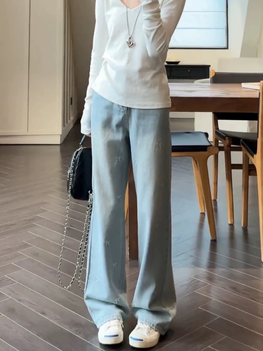 

Джинсы женские свободные с высокой талией, вышивкой, прямого кроя, широкие штанины, для полных, весна-осень, утягивающие