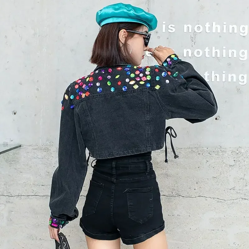 Gót Nữ Mùa Thu Và Mùa Xuân Cổ Gập Kim Cương Denim Áo Khoác Bomber Đính Kim Cương Giả Áo Khoác Jean Cao Cấp Đính Hạt Cardigan Cao Cấp