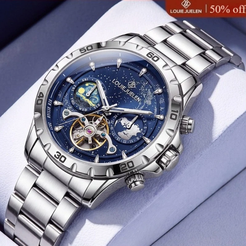 LOUIE JUELEN 2026 New Starry Ocean Series Three Eye Mineral Reinforced Glass Mirror Men's Fully Automatic Mechanical Watch