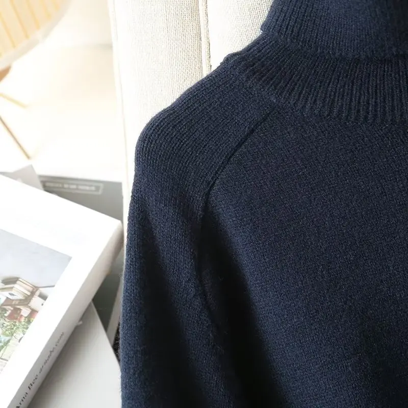 Maxdutti Loose Knitwear Boyfriend Turtleneck Navy Sweaters Women French Vintage Wool Sweaters