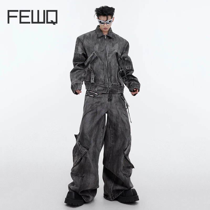 FEWQ Men\'s Baggy Jens Sets Niche Design Vintage Denim Jacket Loose Oversize Denim Overalls Fashion Trend Male Two Piece 9C1944