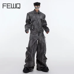 FEWQ Men's Baggy Jens Sets Niche Design Vintage Denim Jacket Loose Oversize Denim Overalls Fashion Trend Male Two Piece 9C1944