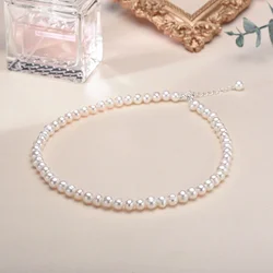 Venta al por mayor, collar de perlas cultivadas de agua dulce de 6-7mm, gargantillas reales, collares de hebras de perlas de plata esterlina para mujer