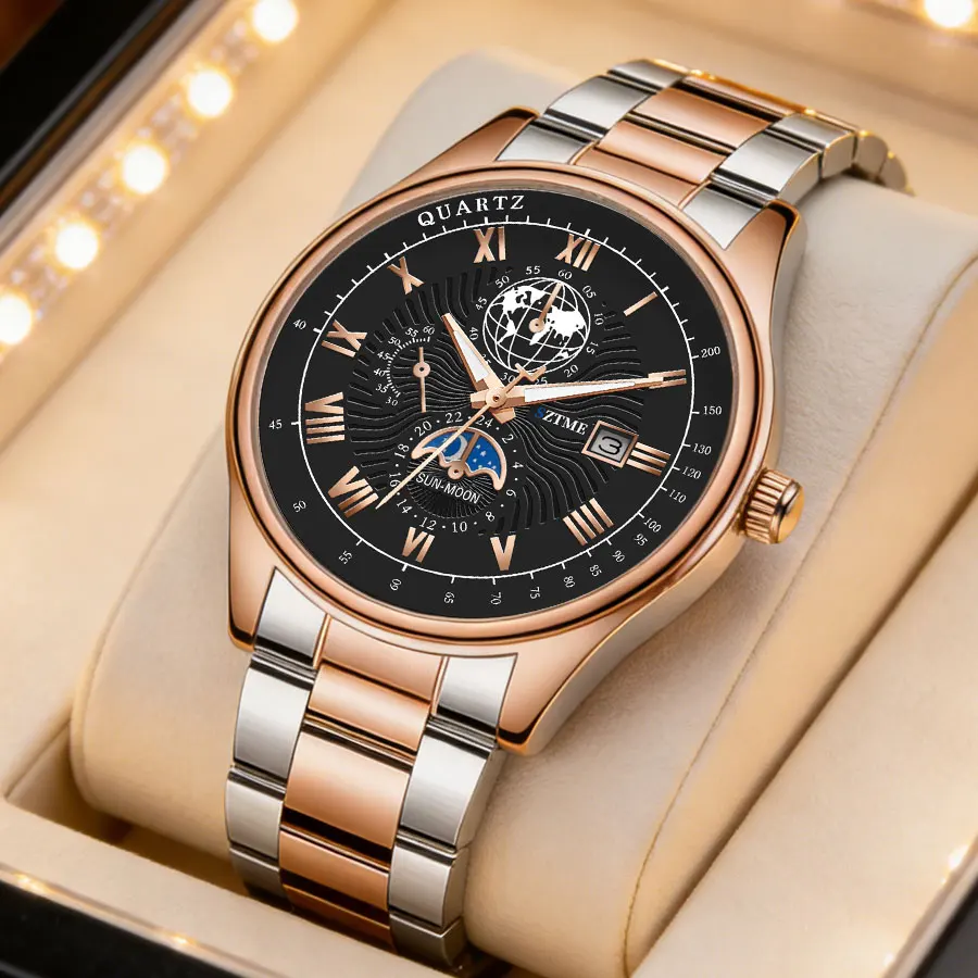 Business Luxury Men's Watches Steel Band Calendar Roman Pattern Luminous Trend Fashion Quartz Watch Men