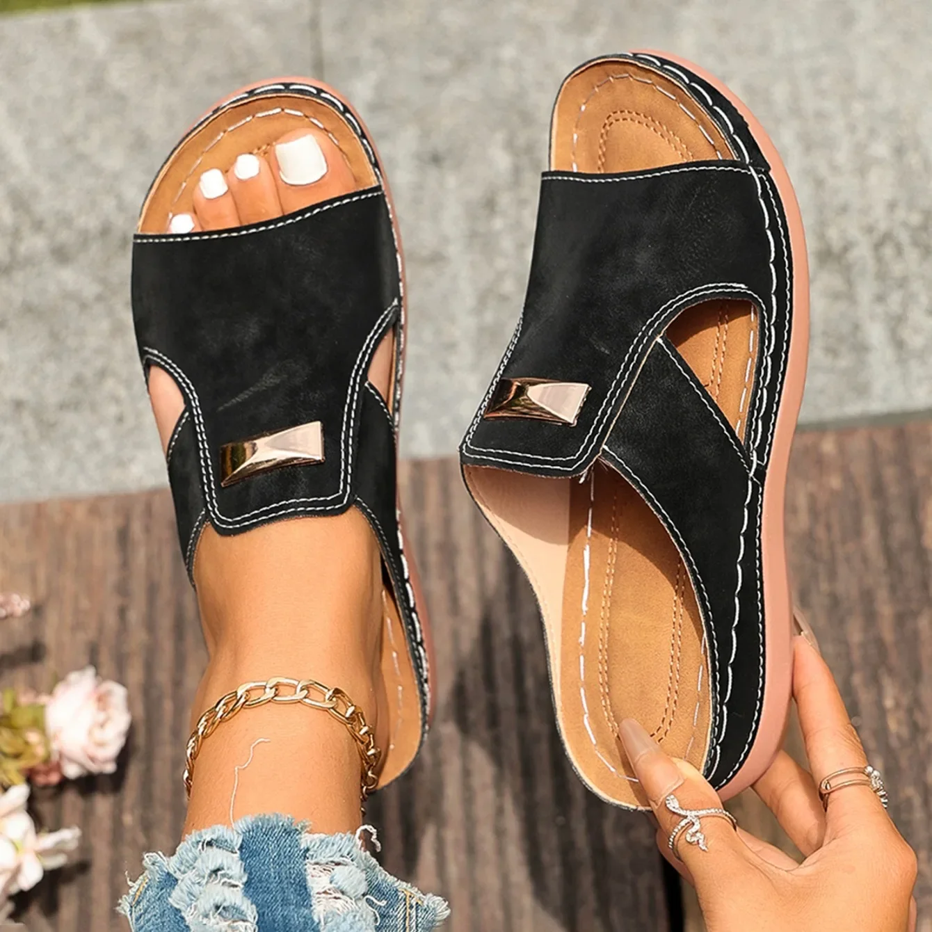 Damen Keilabsatz-Sandalen Sommer Mode-Sandalen Offene Zehen Designer-Sandalen Bequeme Schnallenschuhe Leichte Damen-Slides – Detail 2