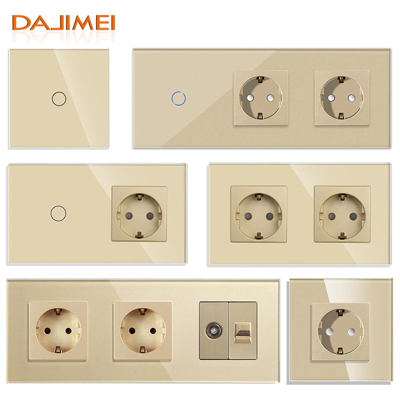 DAJIMEI EU Standard Gold CAT6 Rj45 TV Socket Light Touch Switch and Socket Crystal Glass Panel for Home Improvement