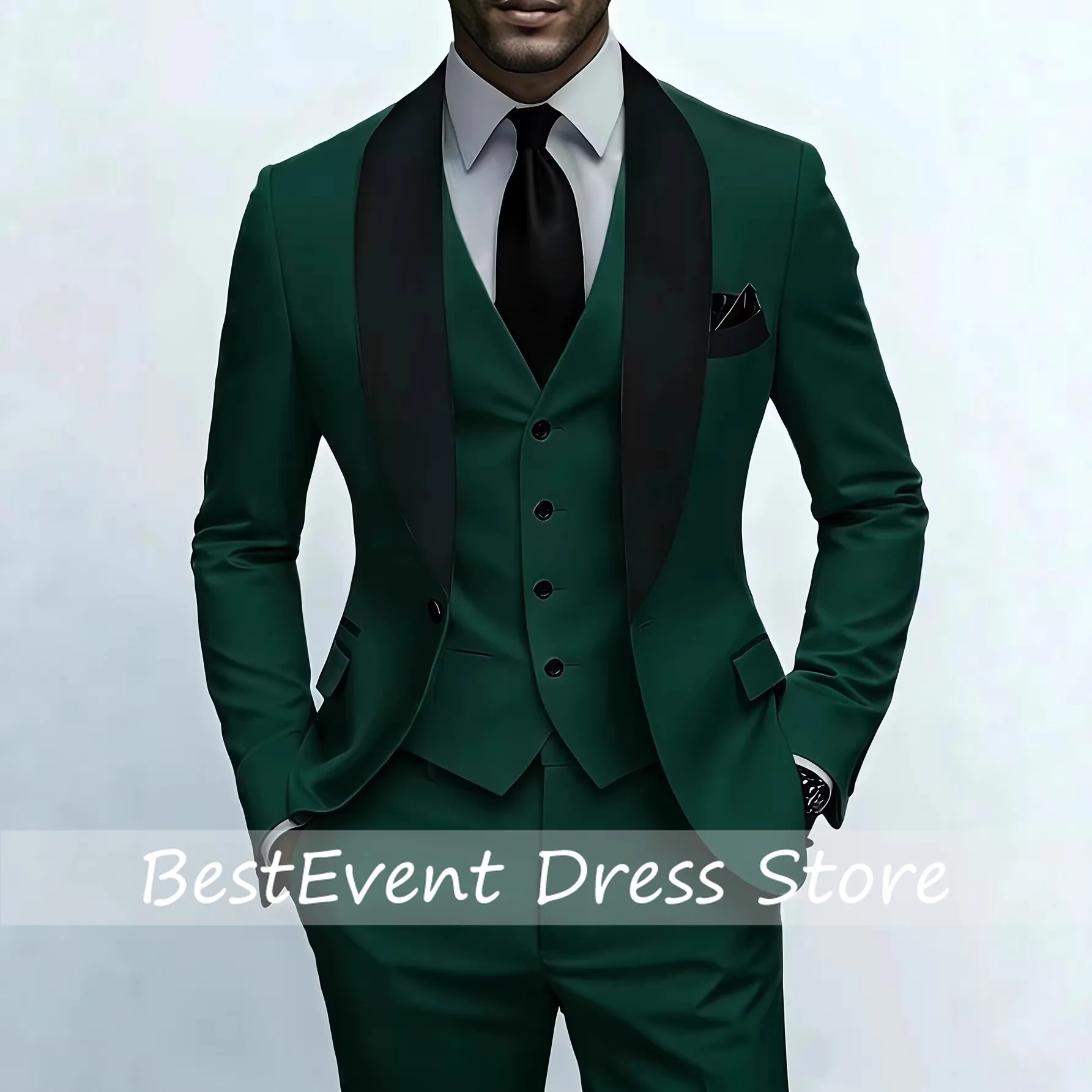 

Men'S Green Leaf Collar Three-piece Formal Suit Contrasting Color Design Tailored Fit Includes Vest Suitable Customized