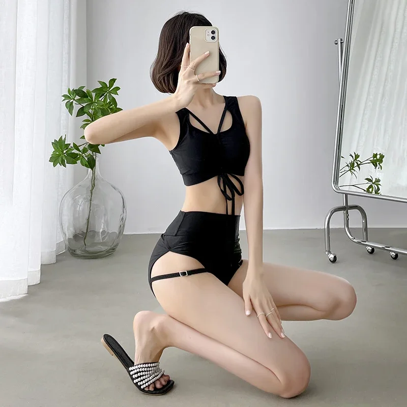 Korean Style High Waist Bikini Set Women Lace Up Biquini Suit Two Pieces Pleated Swimwear Black Swimsuit Bandage Beach Suit 2024