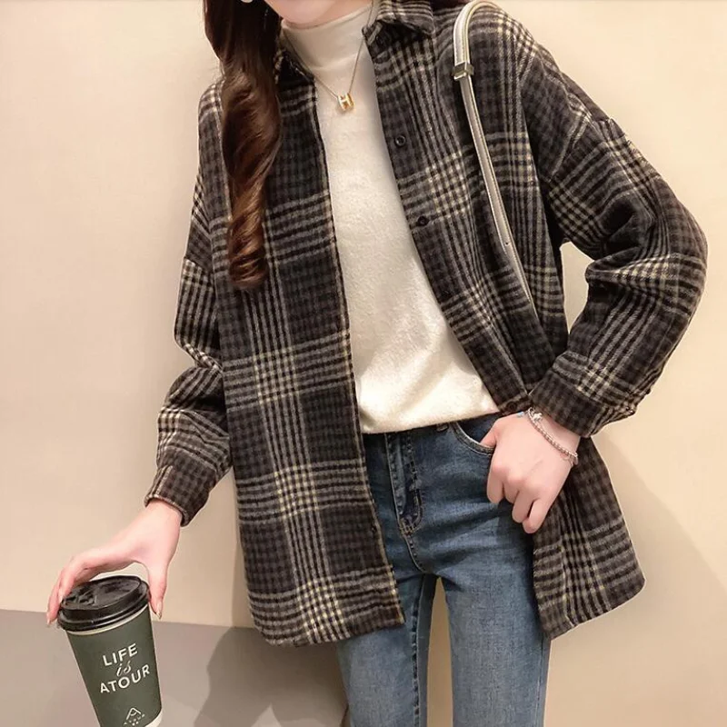 2023 Autumn/Winter Vintage Temperament Large Casual Korean Women Clothes Versatile Lapel Plaid Long Sleeved Shirt Coat