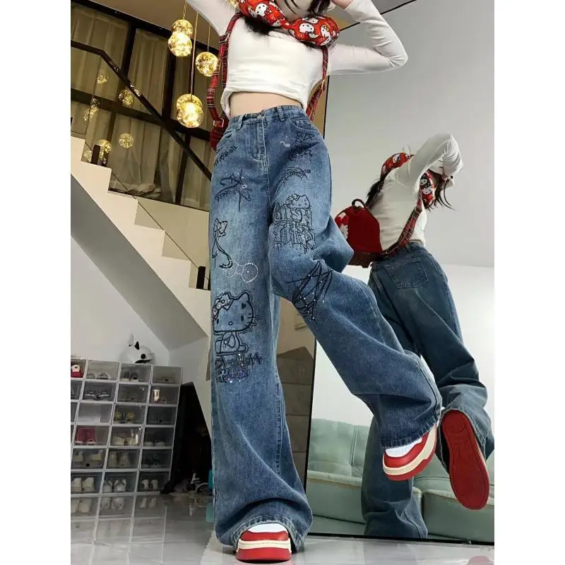 

Джинсы Sanrio с героями мультфильмов «Hello Kitty», летние прямые брюки с высокой талией в стиле ретро, новый стиль, удобные студенческие элитные подарки для девочек