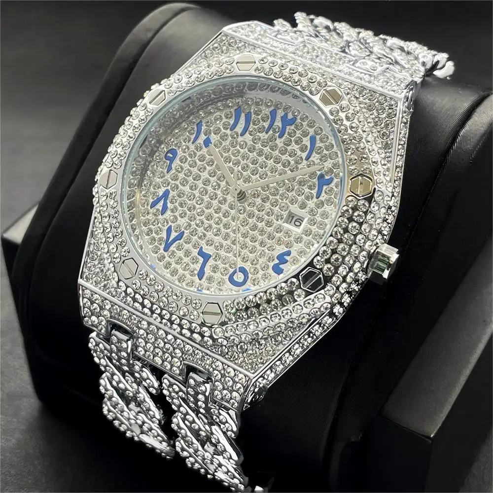 2024 New Hip Hop Diamond Watch For Mens Luxury Iced Out Quartz Wristwatch Fashion Cuban Chain AAA Watches Man Reloj Dropshipping