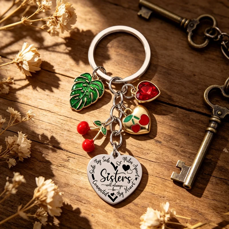 Hübscher Herzförmiger Roter Emaille-Schlüsselanhänger mit Kirschblättern, Lieblicher Pflanzen-Handtaschenanhänger, Schlüsselring für Frauen und Mädchen, Handgefertigt, Tolles Geschenk