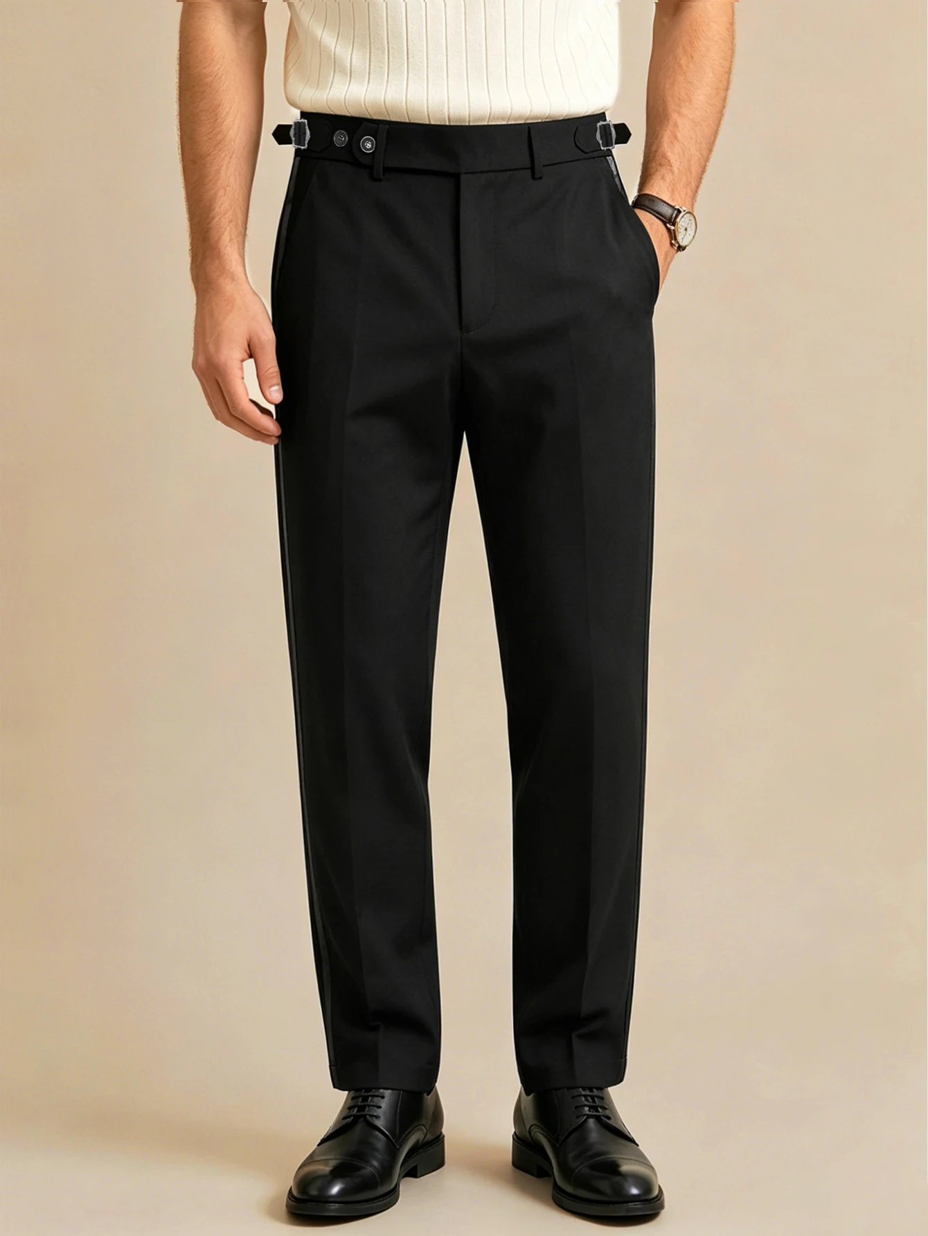 2026 Elegant Neapolitan Men Solid Color Suit Trousers Side Paris Buckle Button Closure Formal Business Daily Straight Dress Pant