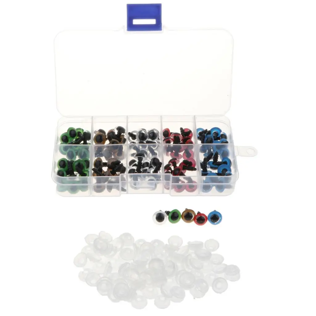 ตาพลาสติกนิรภัยขนาด 8-12 มม. พร้อมแหวนรอง สำหรับตุ๊กตาหมี ตุ๊กตาสัตว์ ของเล่นตุ๊กตาเย็บปักถักร้อย DIY งานฝีมือ แพ็ค 100 ชิ้น