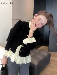 Ruffles Jackets Women French Style Velvet Panelled Coats Aesthetic Fashion High Street Elegant Soft Autumn Winter Куртка Женская