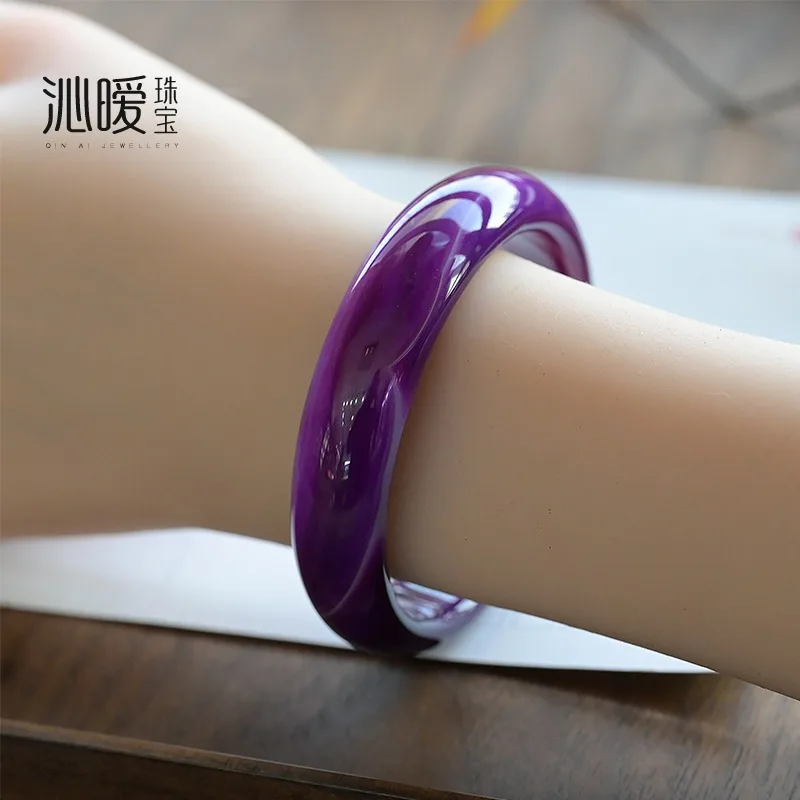 

China Natural Purple Agate Hand-carved Wide Jade Bracelet Fashion Boutique Jewelry Women Purple Jade Chalcedony Bracelet Jewelry