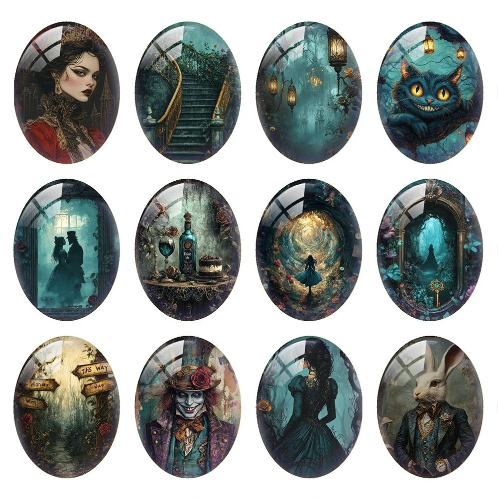 

10pcs/lot Halloween Gothic Horror Blue Cat Girl Hunting House Oval Photo Glass Cabochon Flatback Demo Cameo Diy Jewelry Making