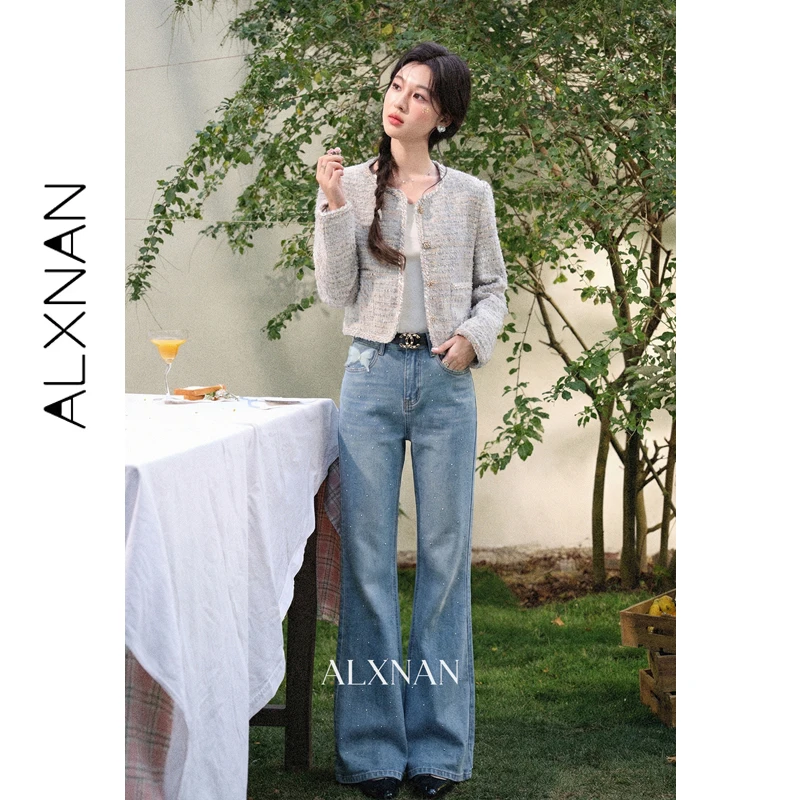 ALXNAN Women Light Blue Washed Jeans All Over Tiny Hot Fix Rhinestones High Waist Denim Pants Slim Summer Long Trousers L61370A