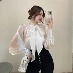 2022 Spring Autumn New Style Shirt Female Bow Tie Collar Retro Bubble Long-Sleeved Elegant Blouse Woomen