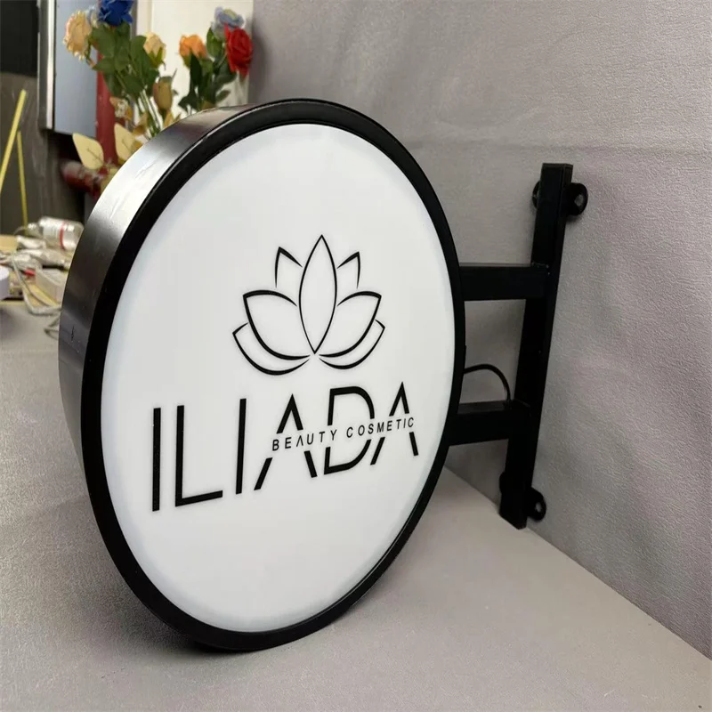 Tablero de muestra de caja de luz personalizado, tienda de caja de luz redonda de doble cara LED, letrero de negocios frontal de tienda, letrero al aire libre para cafetería de salón de belleza