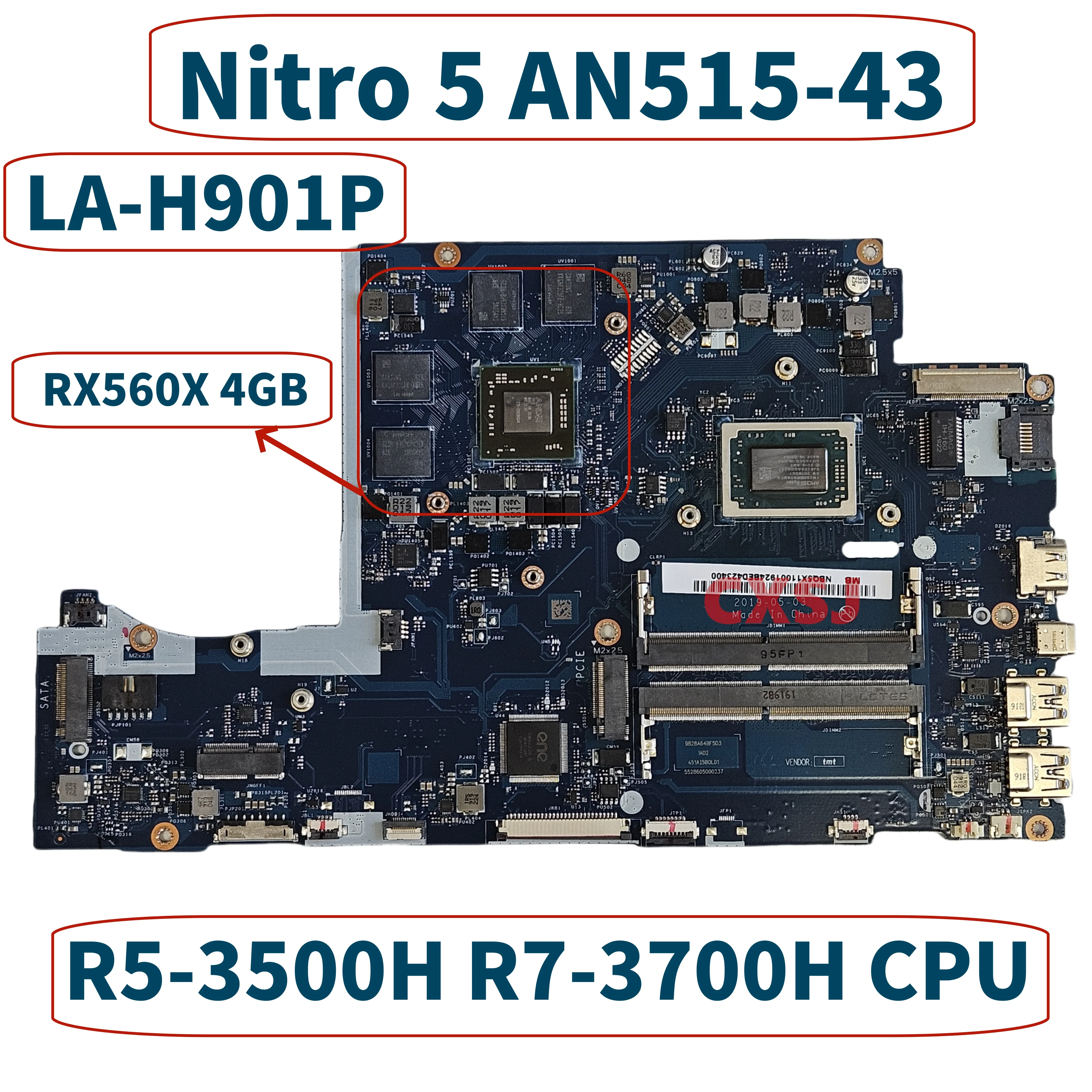 

FH50P LA-H901P For Acer Nitro 5 AN515-43 Laptop Motherboard With R5-3500H R7-3700H CPU RX560X 4GB-GPU NB.Q5X11.002 NBQ5X11001