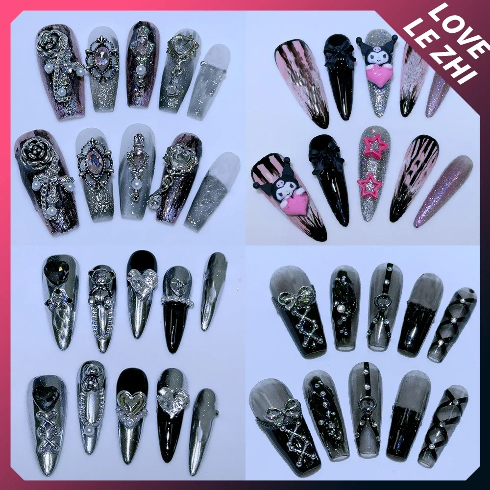 

Sanrio Kuromi Y2K Sweet Spicy Girl Style Long Stiletto Handmade Press On Nails Diamond Chain Rose Detachable Full Cover Nails