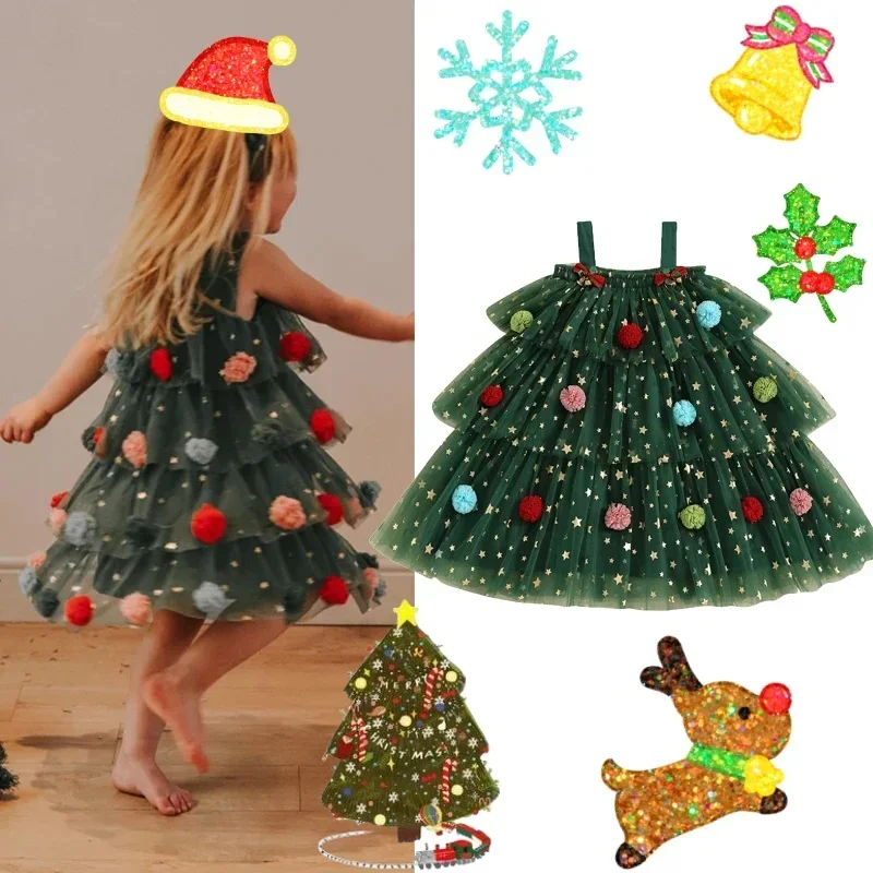 Little Girl Christmas Dress Star Print Square Neck Sleeveless Layered Tulle Slip Dress Tulle Slip Dress Plush Princess Clothes