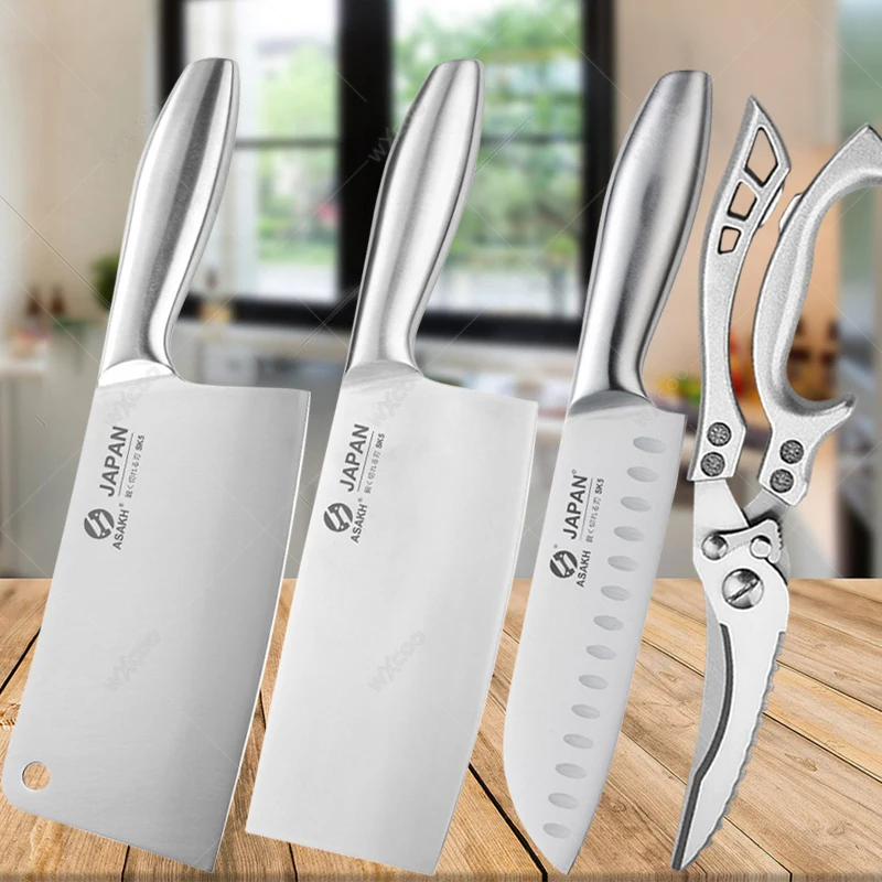 WXCOO 1-7pcs Chef Knife Stainless Steel Hollow Handle Slice Meat Cleaver Chopping Knife Kitchen Scissors with Sharpening Rod