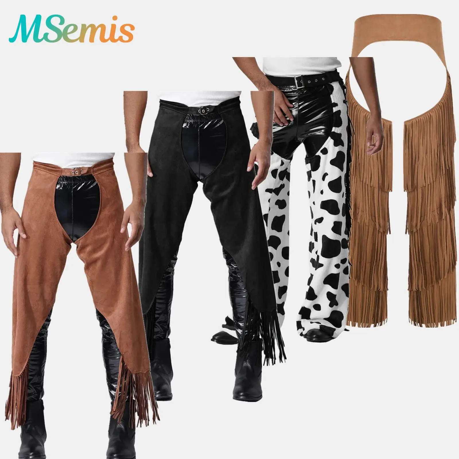 

Mens Vintage Cowboy Halloween Theme Party Cosplay Costume Adjustable Buckles Open Crotch Leggings Chaps Split Fringe Pants