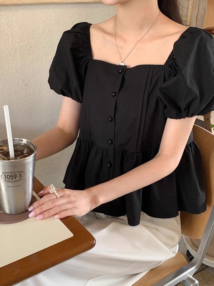 Chic Summer Loose Fit Bubble Sve irt Women's Square Collar Gored Hem Blouse Korean Sle ort Sve Faion