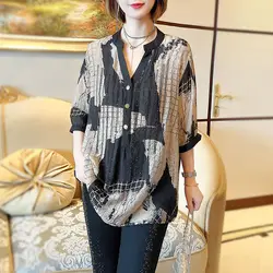 Summer New Streetwear Plaid Printed Shirt Women's Clothing Loose Commute Elegant V-Neck Spliced Chic Diamonds Button Midi Blouse