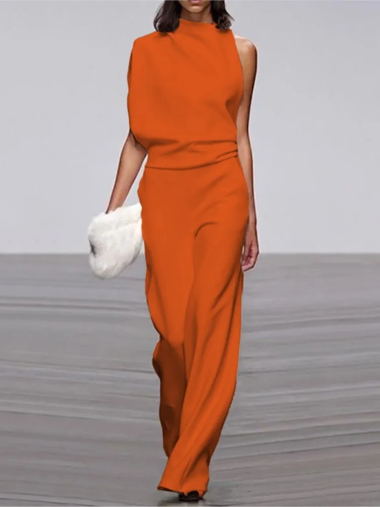 Jumpsuit Kerah Tumpuk Satu Bahu Fashion Warna Polos Sederhana Musim Semi dan Musim Panas Jumpsuit Berongga Berlipat Pinggang Tengah Gaya Inggris