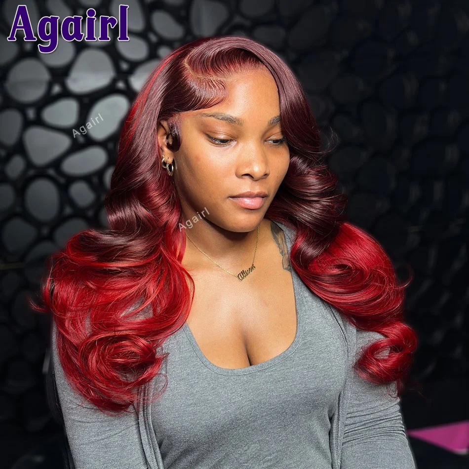 

Ombre 99J Red 13x6 13x4 Lace Front Human Hair Body Wave Wig 200% For Women Highlight Ombre Red Transparent 6X4 Lace Closure Wigs